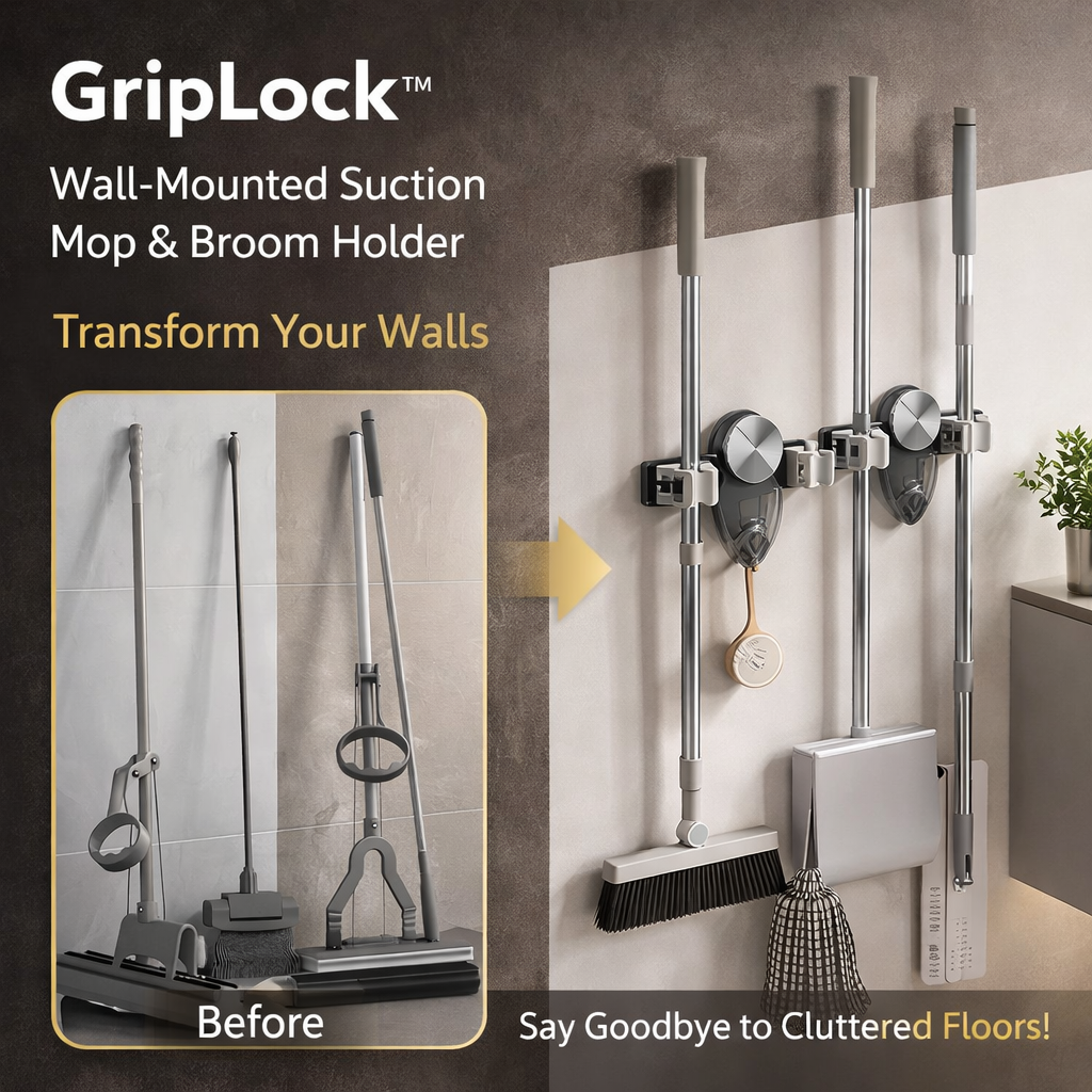DRILL-FREE WALL-MOUNT MOP AND BROOM HOLDER