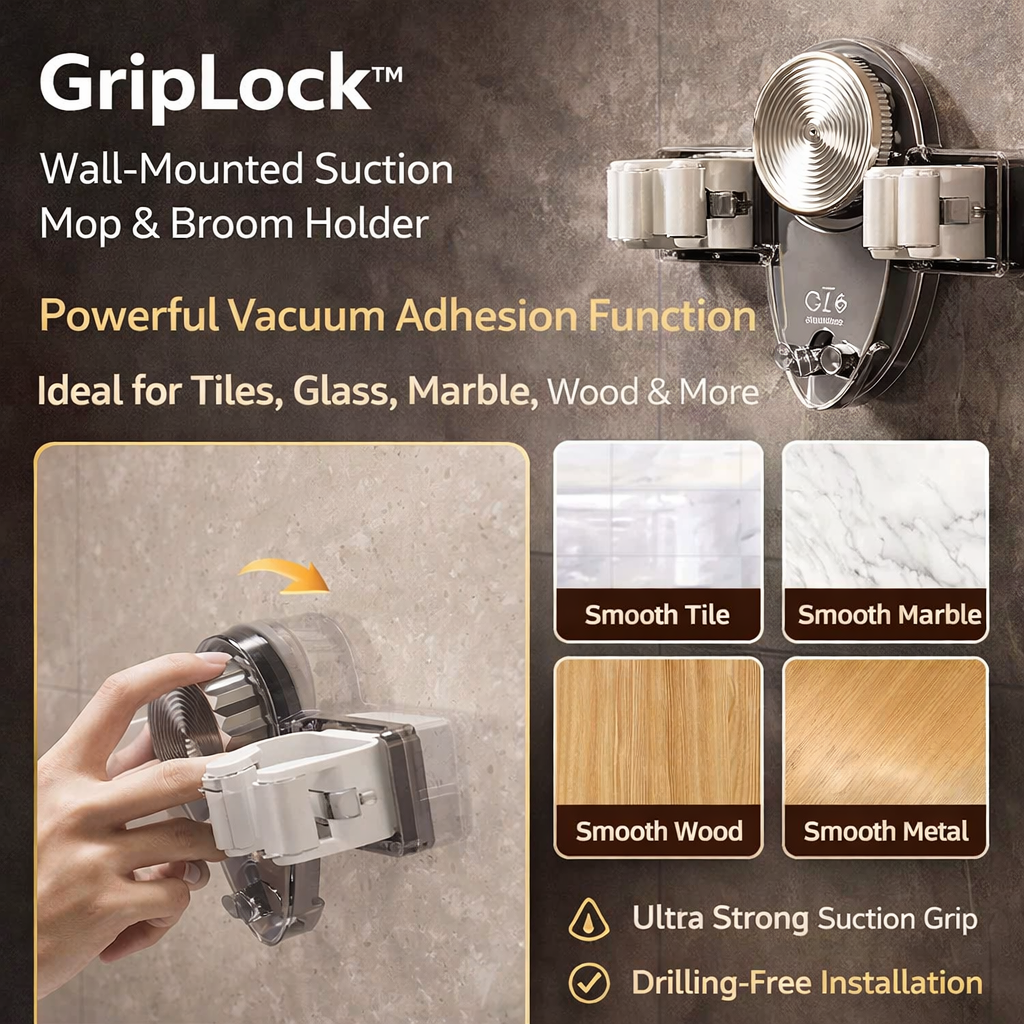 DRILL-FREE WALL-MOUNT MOP AND BROOM HOLDER