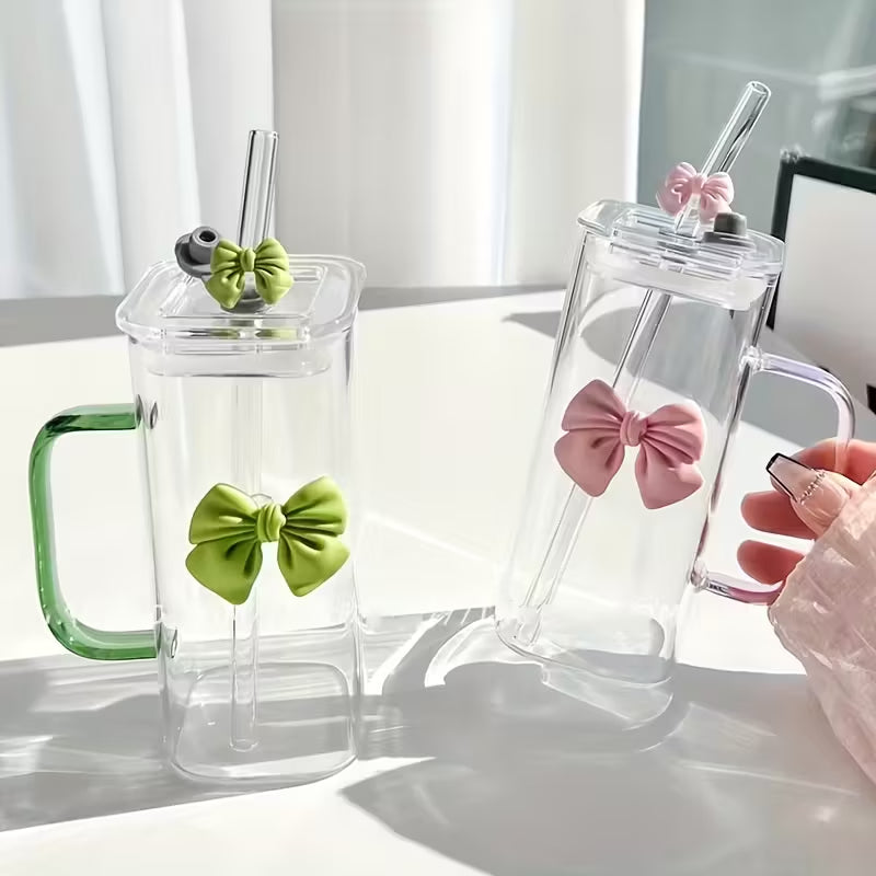 Bownot Glass Cup with Straws and Lids